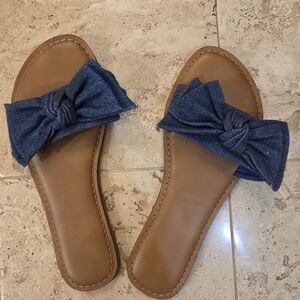 Denim Bow Slide Sandals - Blue